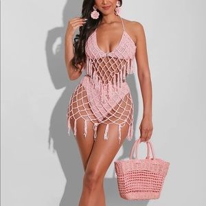 Pink Crochet Two-Piece Bikini Beach Pool Party Festival Coachella Cover-Up Set